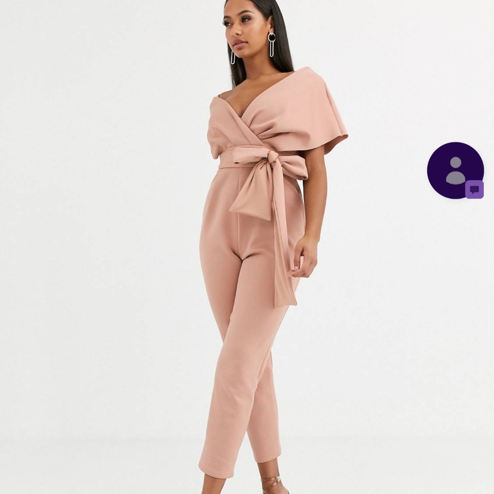 ASOS blush fallen shoulder bowtie scuba jumpsuit sz 6